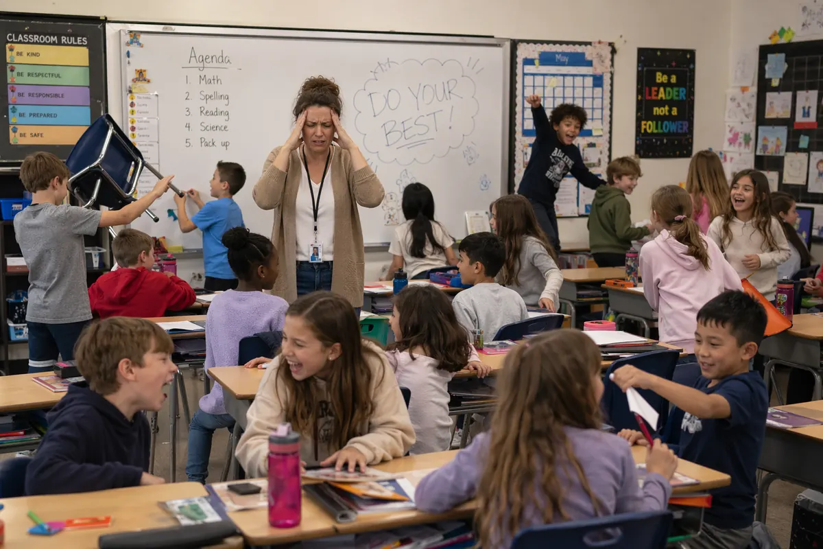 A crowded classroom with one teacher trying to manage many children at once