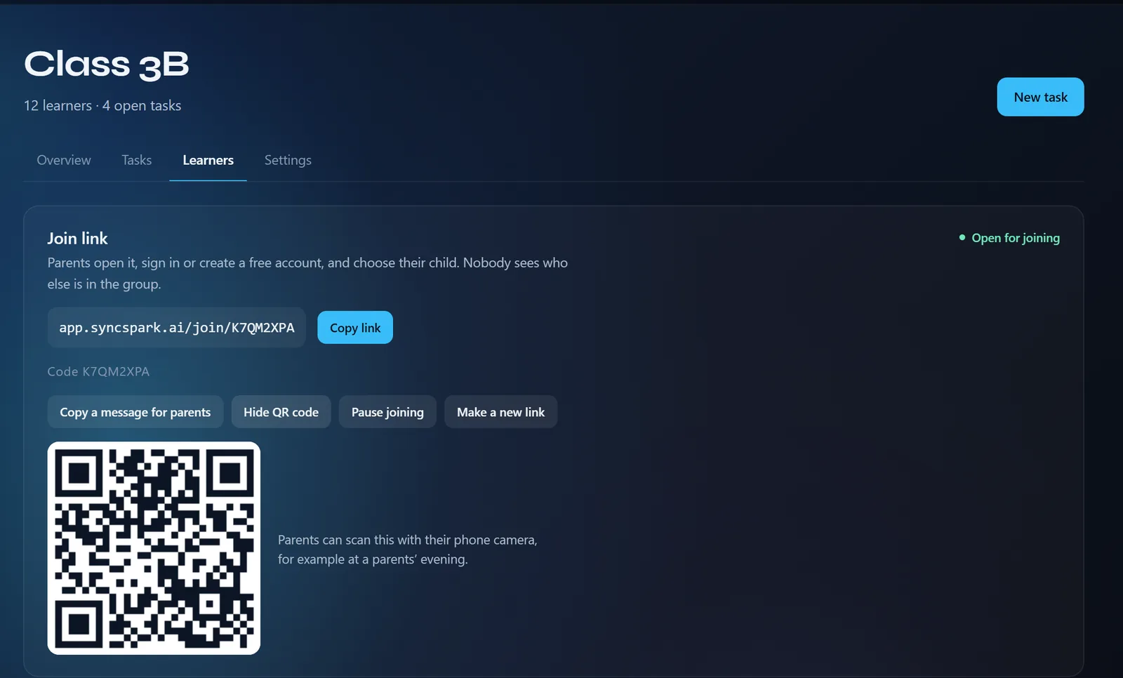 The join link for Class 3B, with buttons to copy a message for parents and a QR code to scan