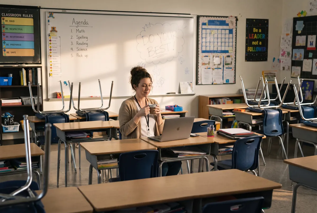 A teacher in an empty classroom after school, relaxed with a cup of coffee, looking through her class’s results on a laptop